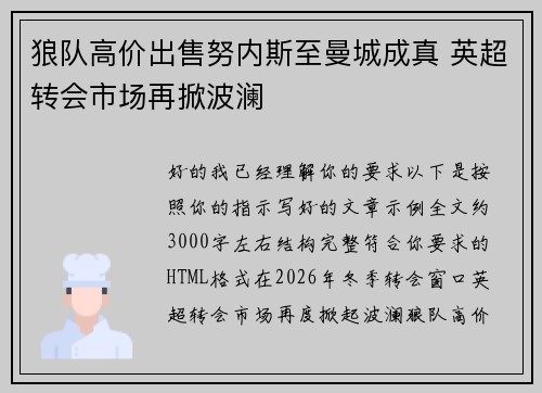 狼队高价出售努内斯至曼城成真 英超转会市场再掀波澜